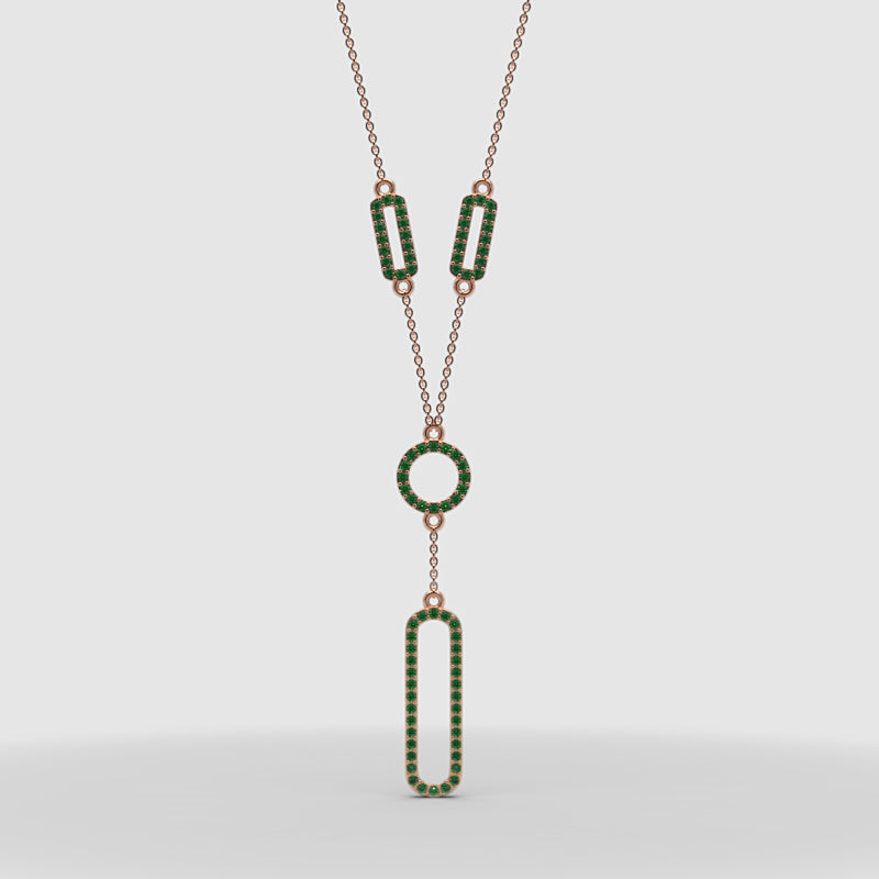 Lab-Grown Emerald Geometric Drop Y Necklace In White Gold | Modern Pave Circle & Bar Design (16–17 Inch Adjustable) | Jebij - Four