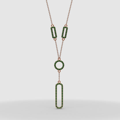 Lab-Grown Emerald Geometric Drop Y Necklace In White Gold | Modern Pave Circle & Bar Design (16–17 Inch Adjustable) | Jebij - Four