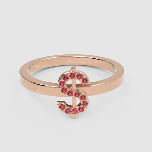Ruby Dollar Sign Statement Ring Rose Tone Finish