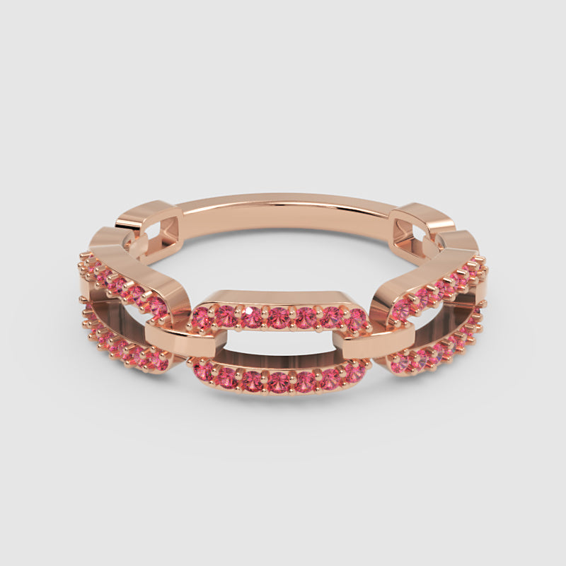 Lab-Grown Ruby Interlocking Link Ring In Rose Gold | Double Pave Luxury Chain Design Statement Ring For Women | Jebij - One