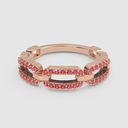 Lab-Grown Ruby Interlocking Link Ring In Rose Gold | Double Pave Luxury Chain Design Statement Ring For Women | Jebij - One