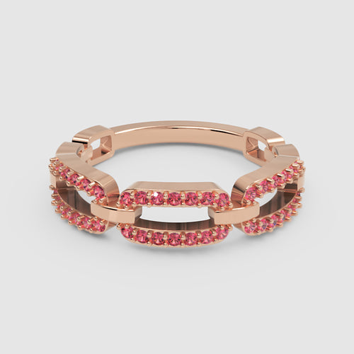 Lab Grown Ruby Interlocking Link Ring with Double Pave Luxury Chain Design