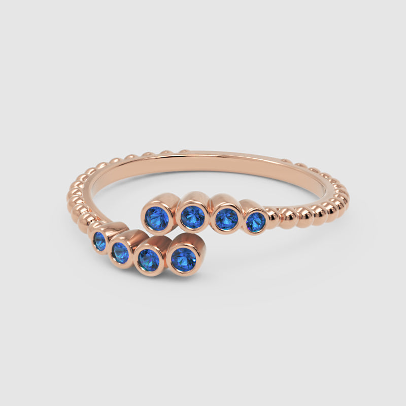 Blue Sapphire Beaded Open Wrap Ring Rose Tone - One