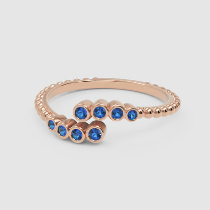 Blue Sapphire Beaded Open Wrap Ring Rose Tone - One