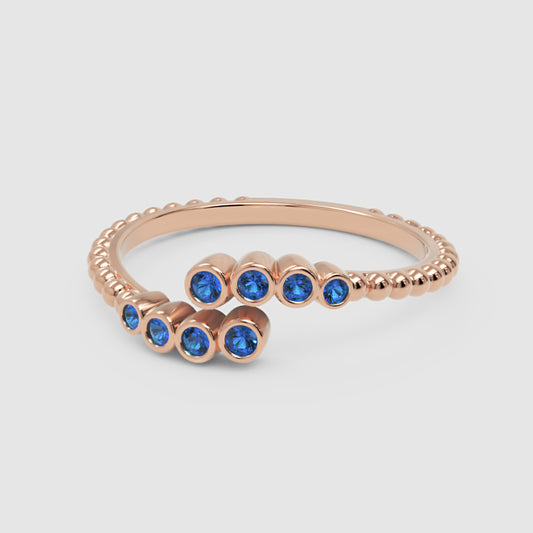 Blue Sapphire Beaded Open Wrap Ring Rose Tone - One