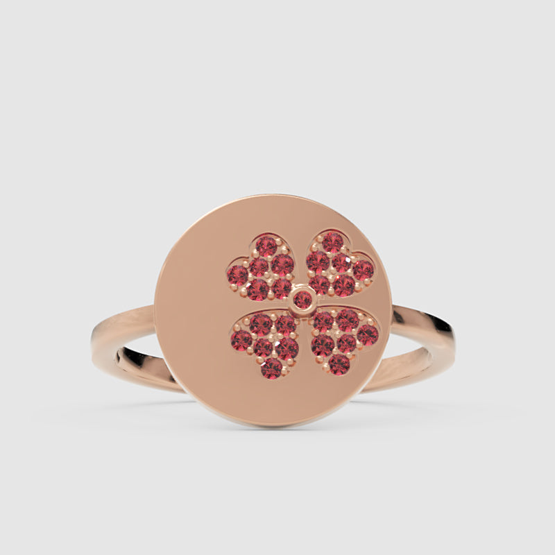 Ruby Clover Disc Ring With Pav Flower Design - One
