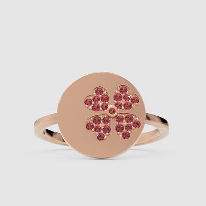 Ruby Clover Disc Ring With Pav Flower Design - One