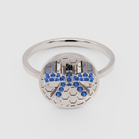 Blue Sapphire Cross Honeycomb Disc Ring - One