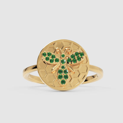 Emerald Bee Honeycomb Disc Ring - One