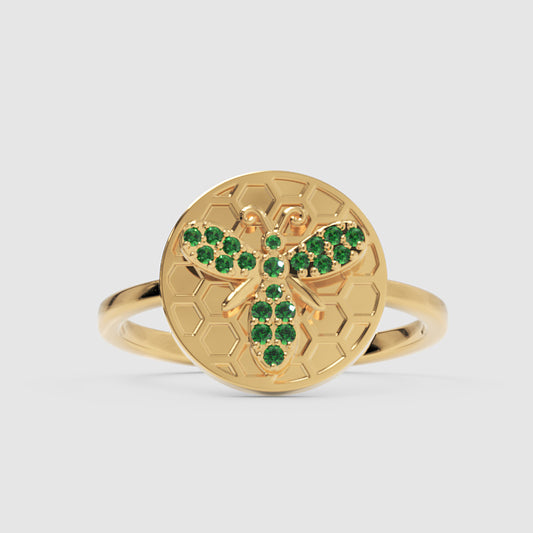 Emerald Bee Honeycomb Disc Ring - One