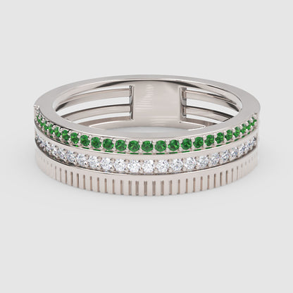 Gold Emerald Diamond Multi-Row Band Ring – Textured Statement Luxury Ring | Jebij - One
