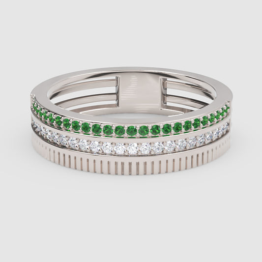 Gold Emerald Diamond Multi-Row Band Ring – Textured Statement Luxury Ring | Jebij - One