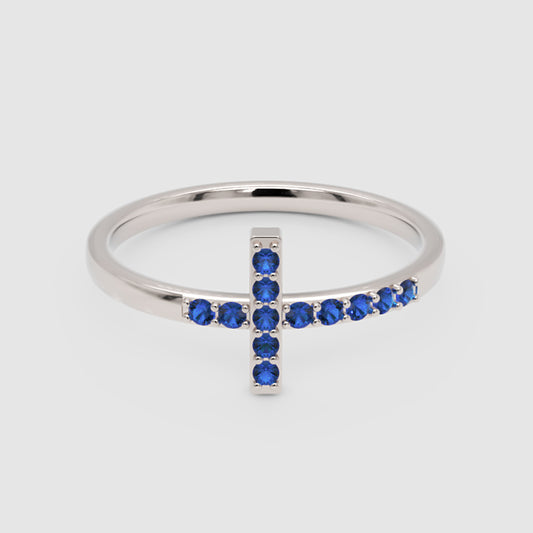 Blue Sapphire Cross Ring Delicate Stackable Band