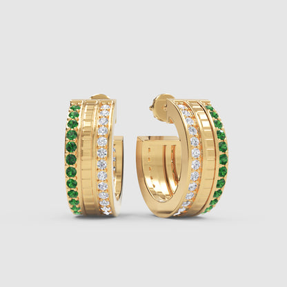 Emerald & Diamond Row Hoop Earrings In Yellow Gold – Luxury Statement Hoops | Jebij - One