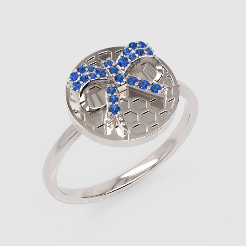 Blue Sapphire Cross Honeycomb Disc Ring - Three