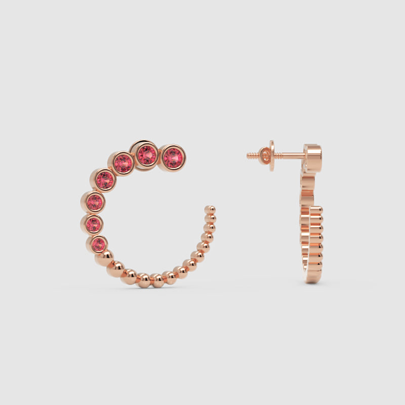 Pink Tourmaline Beaded Circle Hoop Earrings - One
