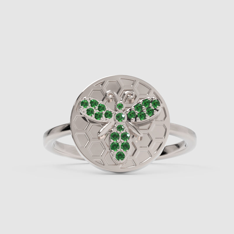 Emerald Bee Honeycomb Disc Ring - Four