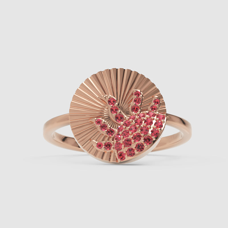 Ruby Sunburst Disc Ring With Textured Fan Design - One