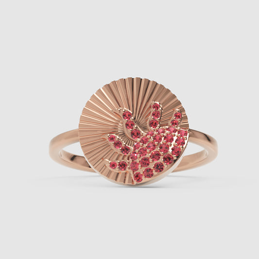 Ruby Sunburst Disc Ring With Textured Fan Design - One