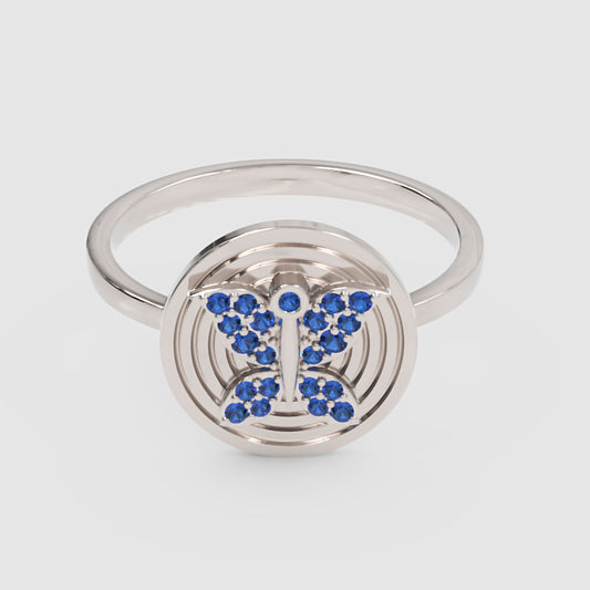Blue Sapphire Butterfly Concentric Circle Ring - One