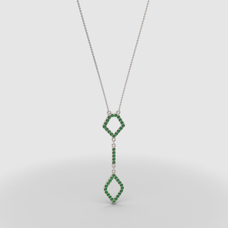 Lab-Grown Emerald Geometric Drop Pendant Necklace In White Gold | Adjustable 16–17 Inch Chain - One