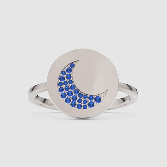 Blue Sapphire Crescent Moon Disc Ring - One