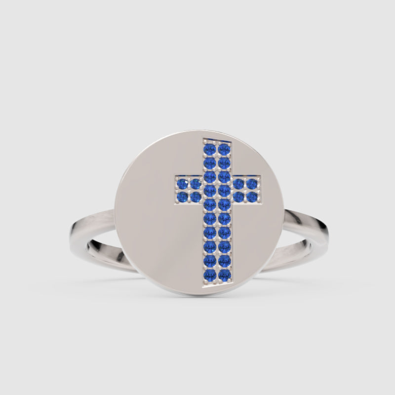 Blue Sapphire Cross Disc Signet Ring - One