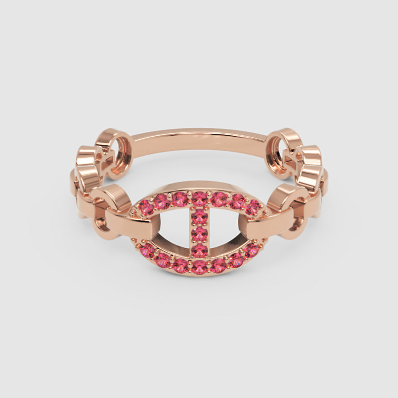 Ruby Oval Ring (Lab-Grown) | Rose Gold Chain Link Vertical Bar Design | Jebij - One