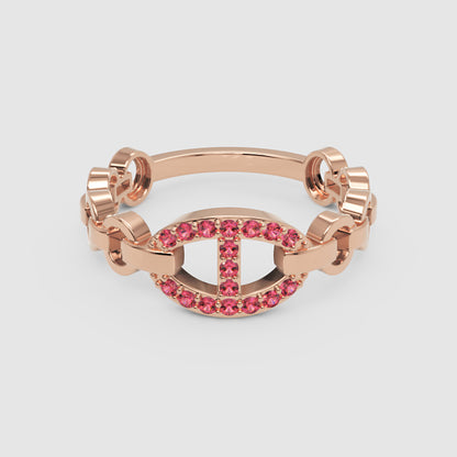 Ruby Oval Ring (Lab-Grown) | Rose Gold Chain Link Vertical Bar Design | Jebij - One