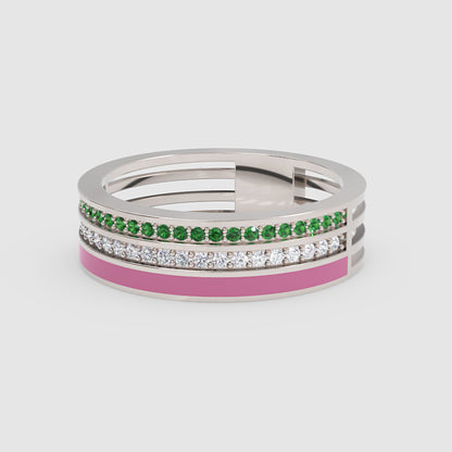 Gold Emerald Diamond Multi-Row Band Ring With Pink Enamel – Statement Luxury Ring - Four