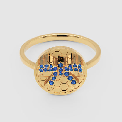 Blue Sapphire Cross Honeycomb Disc Ring - Four