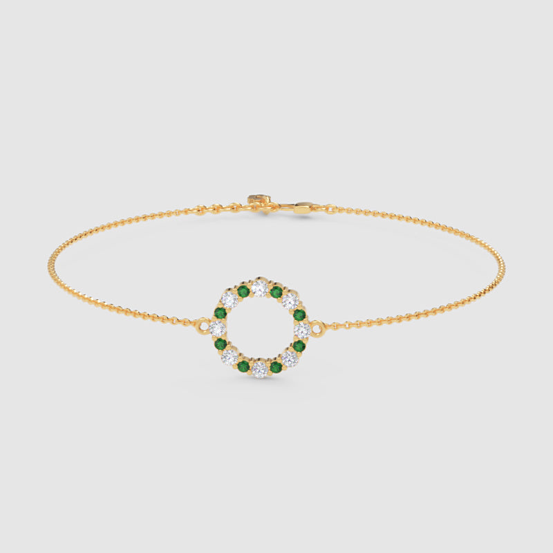 Emerald And Diamond Circle Bracelet With Delicate Chain - One