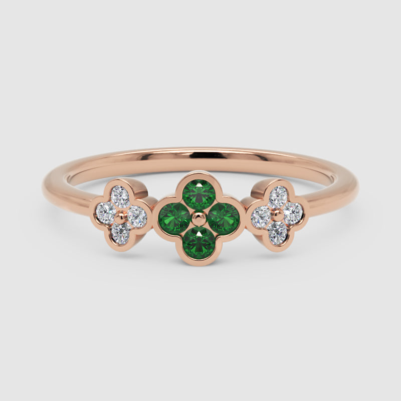 Emerald And Diamond Triple Clover Flower Ring - One