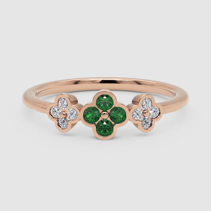 Emerald And Diamond Triple Clover Flower Ring - One