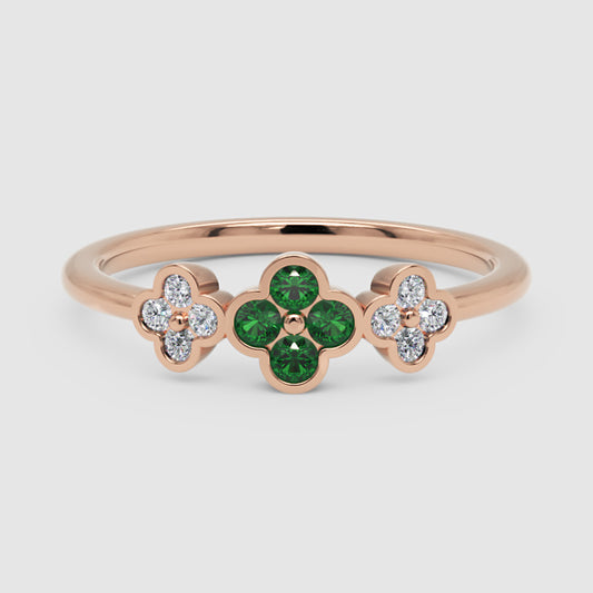 Emerald And Diamond Triple Clover Flower Ring - One