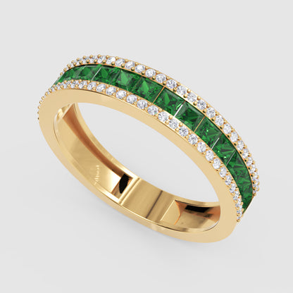 Princess Cut Emerald And Diamond Channel Set Band Ring - Three
