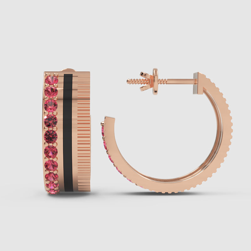 Pink Sapphire Textured Hoop Earrings With Ribbed Design - One
