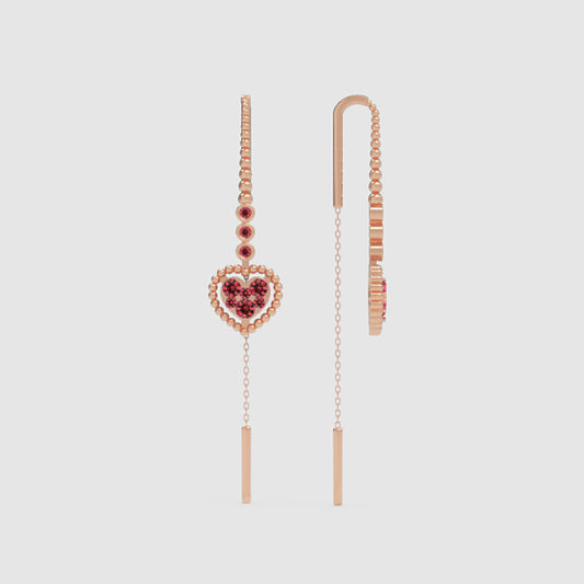 Ruby Heart Threader Earrings with Bar Drop