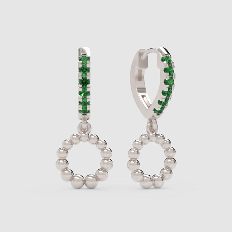Emerald Huggie Hoop Earrings With Beaded Circle Drop Charms - Four