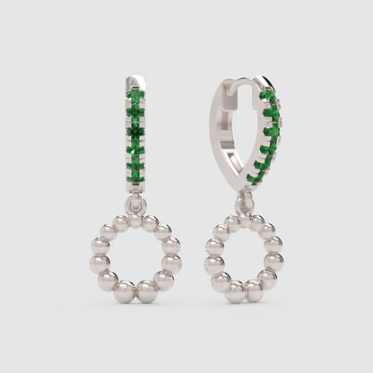 Emerald Huggie Hoop Earrings With Beaded Circle Drop Charms - Four