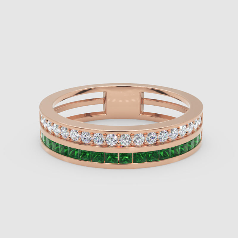 Emerald and Diamond Double Band Ring with Open Bridge Design