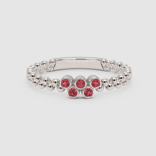 Lab-Grown Ruby Cluster Ring in White Gold – Minimal Beaded Band Stackable Ring | Jebij