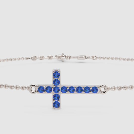 Blue Sapphire Cross Pendant Bracelet With Chain - One