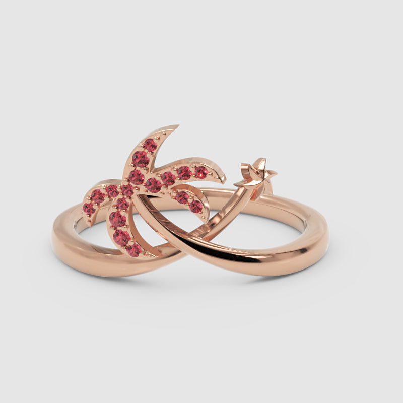 Red Stone Star & Crescent Moon Ring In Pink Gold - One