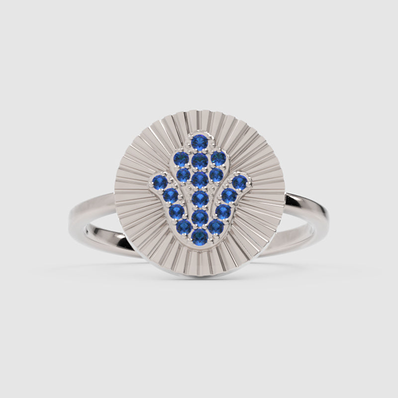 Blue Sapphire Hamsa Hand Disc Ring With Sunburst Design - One