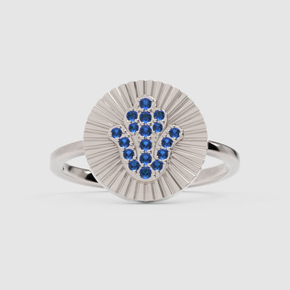 Blue Sapphire Hamsa Hand Disc Ring With Sunburst Design - One