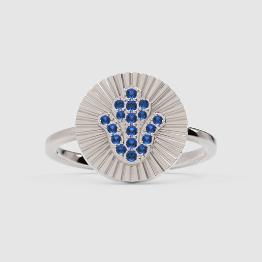 Blue Sapphire Hamsa Hand Disc Ring With Sunburst Design - One