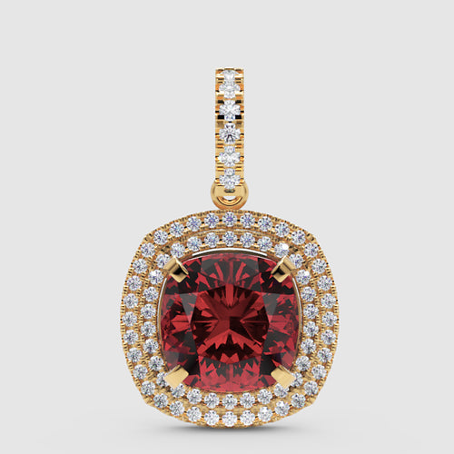 Cushion Cut Red Garnet Double Halo Diamond Pendant