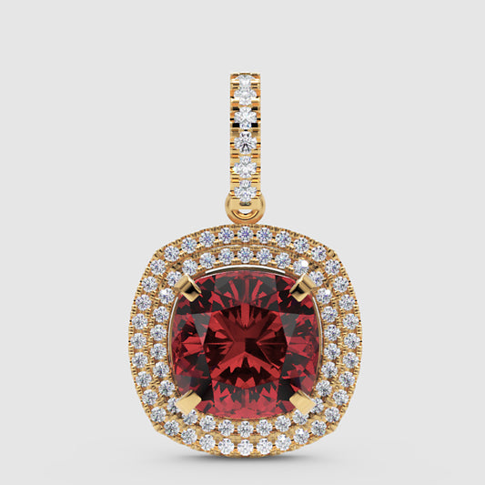 Cushion Cut Red Garnet Double Halo Diamond Pendant