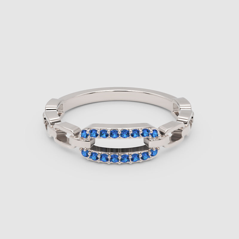Lab-Grown Blue Sapphire Interlocking Link Ring In White Gold | Modern Chain Style Statement Ring For Women | Jebij - One